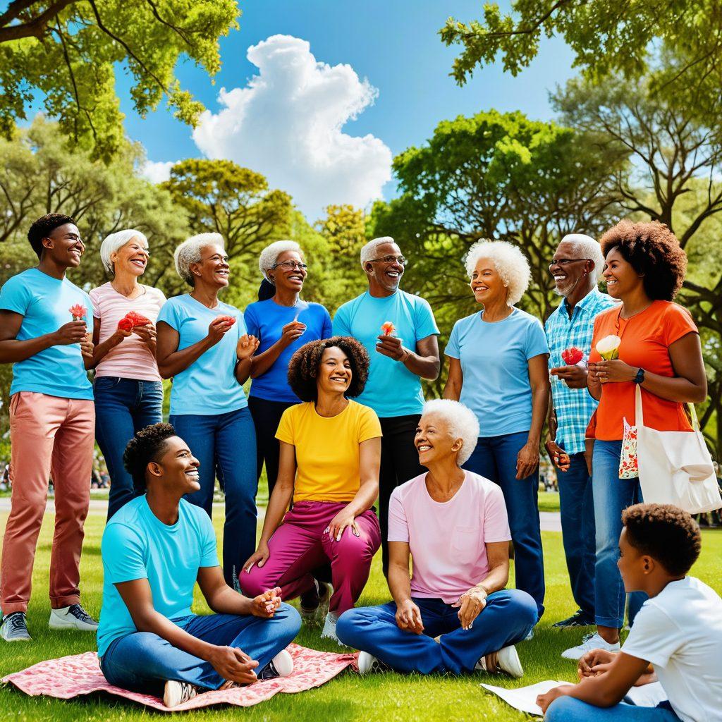 A diverse group of people of various ages and backgrounds gathered in a vibrant park, engaging in activities that foster connection and joy, such as sharing stories, laughing together, and participating in group exercises. Bright flowers bloom around them, symbolizing growth and emotional resilience. The sky is clear and blue, creating an uplifting atmosphere. super-realistic. vibrant colors. white background.