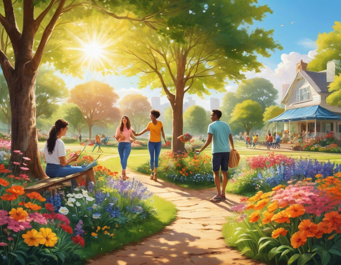 A colorful scene depicting diverse groups of people engaging in various cheerful activities, such as painting, gardening, and enjoying nature together, surrounded by uplifting quotes in lively typography. Bright sunshine, blooming flowers, and smiles on everyone's faces to evoke a sense of community and positivity. super-realistic. vibrant colors. sunny background.