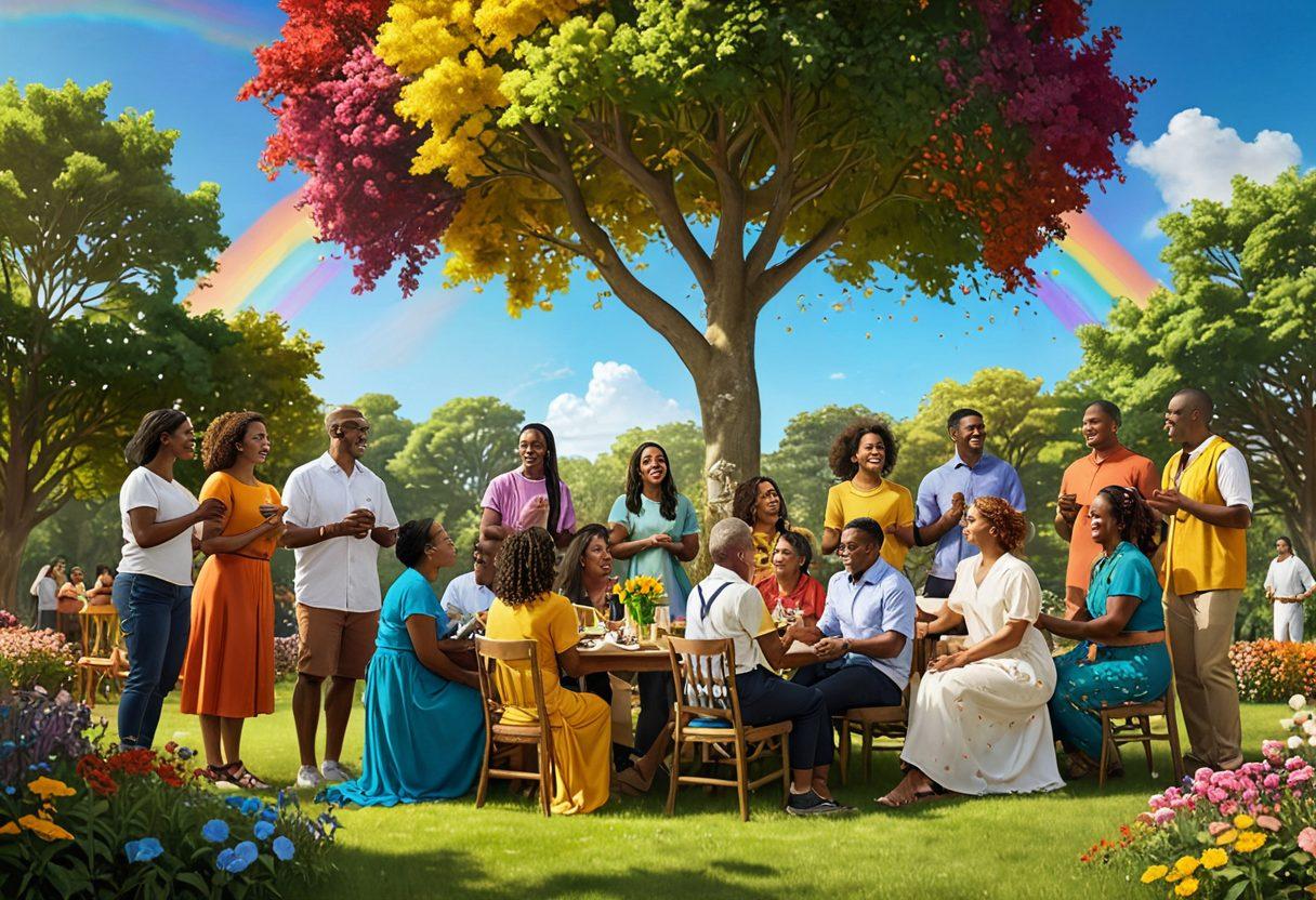 A vibrant scene depicting diverse individuals in a warm, inviting community setting, engaging in joyful activities such as laughing, sharing stories, and supporting each other. Incorporate elements of nature like blooming flowers and trees to symbolize growth and harmony. Showcase a rainbow in the sky to represent hope and positivity. Attire of the characters reflecting various cultures, enhancing the sense of inclusivity and community. super-realistic. vibrant colors. warm lighting.